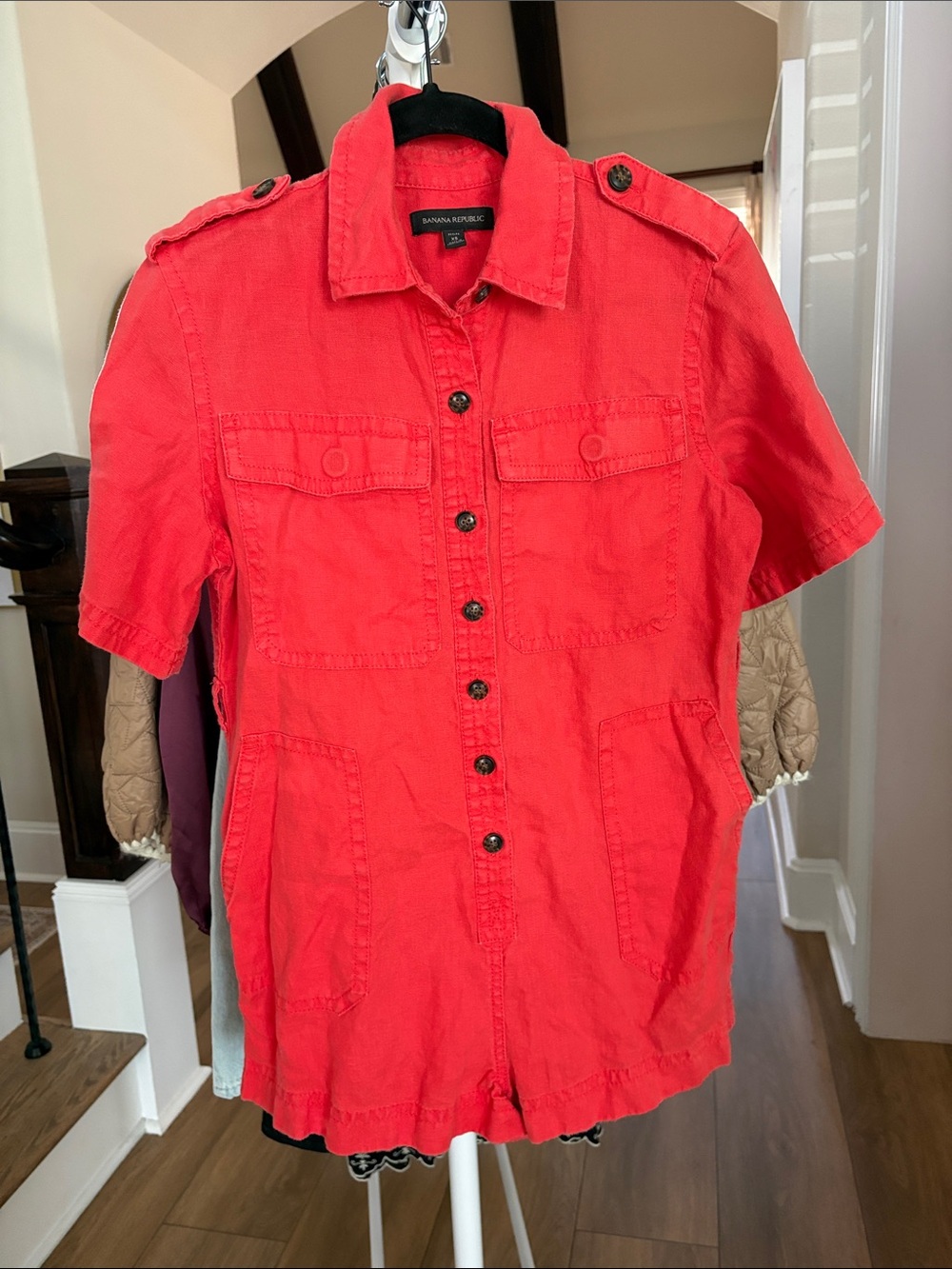 Banana Republic Coral-Red Short Sleeve Utility Button-Front Shirt
